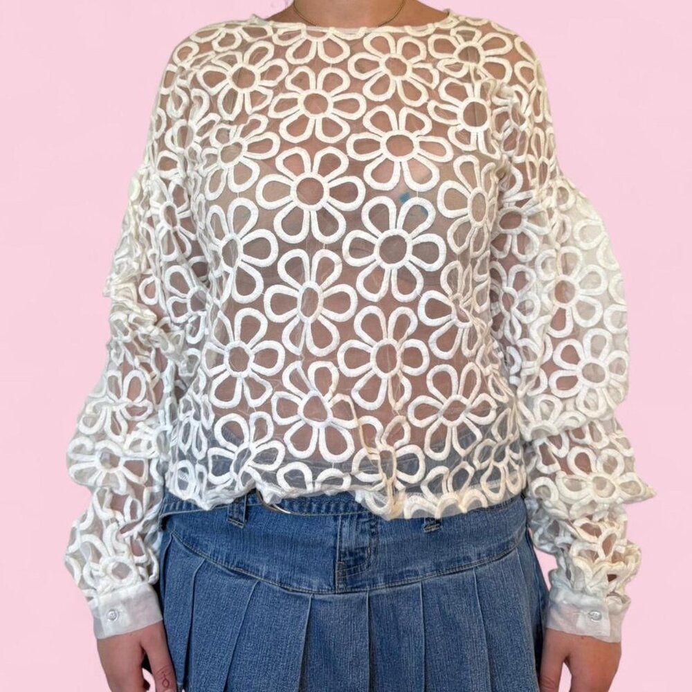 hot & delicious white floral lace sheer blouse